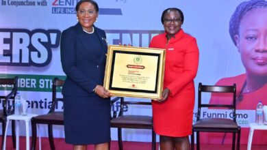 L-R: Nigerian Council of Registered Insurance Brokers' (NCRIB) President, Ekeoma Ezeibe, presenting Appreciation Plaque to  MD/CEO, prudential Zenith Life Insurance,  Funmi Omo, at the December edition of Brokers evening hosted by Prudential Zenith Life Insurance in Lagos recently.