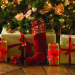 Christmas presents in gift-wrap, under a traditional tree.