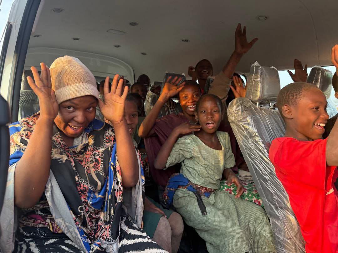 The rescued school children in one of the buses conveying them
