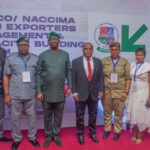 L-R: Chairman, NACCIMA Export Group, Barr. Kola Awe; Ag. DC, NAHCO Warehouse, Asst. Comptroller of Customs, Yusuf Tukur; Director–General, NACCIMA, Engr. Sola Obadimu; Group Executive Director, CBD, NAHCO Plc, Prince Saheed Lasisi; Produce Officer 1, Federal Produce Inspection Office, Mrs. Unyime John Akpan; CEO, Petlizzy Global Limited, Mrs. Elizabeth Ajayi and Senior Produce Officer, Mr Donald Chigozie at the NAHCO/NACCIMA SME Export Engagement & Capacity Building Forum which held on Tuesday in Lagos.
