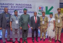 L-R: Chairman, NACCIMA Export Group, Barr. Kola Awe; Ag. DC, NAHCO Warehouse, Asst. Comptroller of Customs, Yusuf Tukur; Director–General, NACCIMA, Engr. Sola Obadimu; Group Executive Director, CBD, NAHCO Plc, Prince Saheed Lasisi; Produce Officer 1, Federal Produce Inspection Office, Mrs. Unyime John Akpan; CEO, Petlizzy Global Limited, Mrs. Elizabeth Ajayi and Senior Produce Officer, Mr Donald Chigozie at the NAHCO/NACCIMA SME Export Engagement & Capacity Building Forum which held on Tuesday in Lagos.