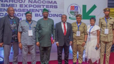 L-R: Chairman, NACCIMA Export Group, Barr. Kola Awe; Ag. DC, NAHCO Warehouse, Asst. Comptroller of Customs, Yusuf Tukur; Director–General, NACCIMA, Engr. Sola Obadimu; Group Executive Director, CBD, NAHCO Plc, Prince Saheed Lasisi; Produce Officer 1, Federal Produce Inspection Office, Mrs. Unyime John Akpan; CEO, Petlizzy Global Limited, Mrs. Elizabeth Ajayi and Senior Produce Officer, Mr Donald Chigozie at the NAHCO/NACCIMA SME Export Engagement & Capacity Building Forum which held on Tuesday in Lagos.