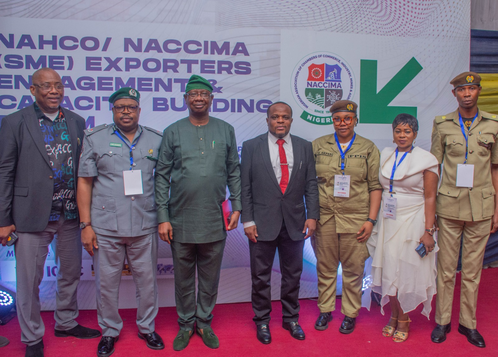 L-R: Chairman, NACCIMA Export Group, Barr. Kola Awe; Ag. DC, NAHCO Warehouse, Asst. Comptroller of Customs, Yusuf Tukur; Director–General, NACCIMA, Engr. Sola Obadimu; Group Executive Director, CBD, NAHCO Plc, Prince Saheed Lasisi; Produce Officer 1, Federal Produce Inspection Office, Mrs. Unyime John Akpan; CEO, Petlizzy Global Limited, Mrs. Elizabeth Ajayi and Senior Produce Officer, Mr Donald Chigozie at the NAHCO/NACCIMA SME Export Engagement & Capacity Building Forum which held on Tuesday in Lagos.